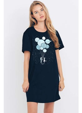 Rock&Roll Navy Blue Balloon Planets Short Sleeve Combed Cotton T-Shirt Dress  - Image 1