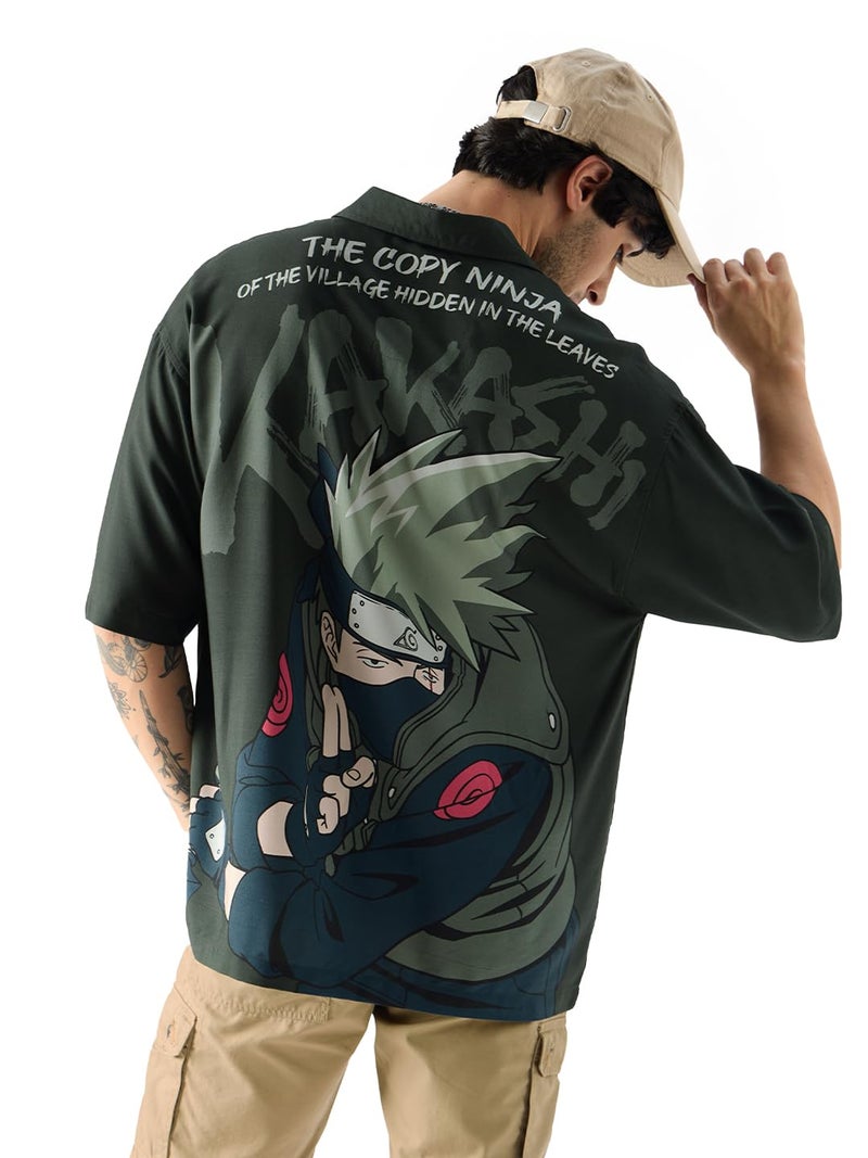 The Souled Store Official Naruto: Kakashi Ninja Mens and Boys Oversize Fit Half Sleeves Graphic Pattern Black Color Shirt Netflix TV Show Anime Cartoon Shirts Casual Button-Down Half Sleeve Printed - Image 1