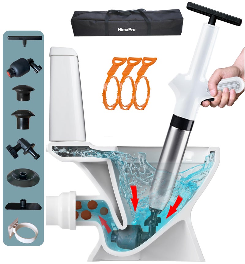 HimaPro High Pressure Toilet Plunger Air Drain Blaster Kit White Handle Unclog Toilets Kitchen Sinks Shower Drains and Pipes with Ease Bonus Drain Snake Included - Image 2