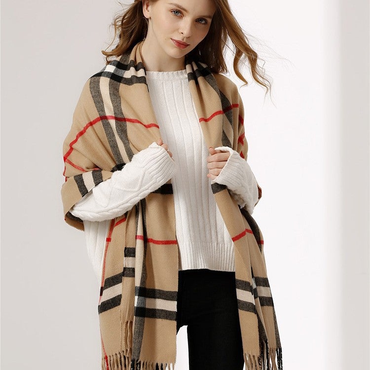 Women Winter Plaid Scarf with Tassels - Image 3