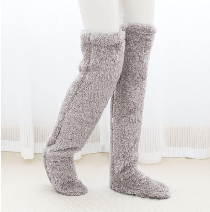 klarako Over Knee Fuzzy Socks,High Fuzzy Socks Over Knee,Winter Home Sleeping Soft Thick Breathable Plush Stockings Leg Warmer (Grey) - Image 3