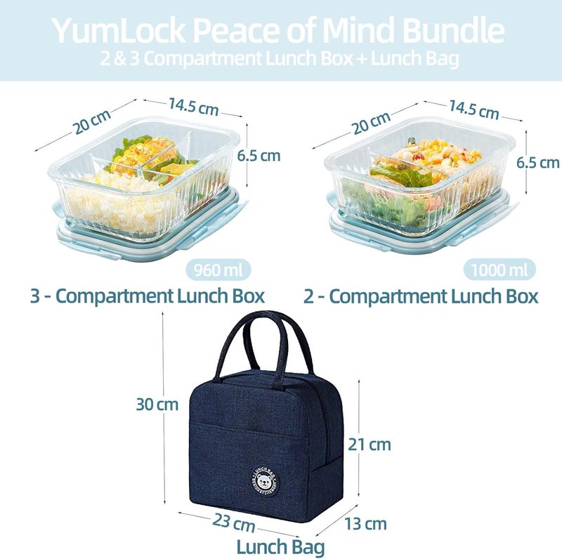 YumLock Borosilicate Glass Meal Prep Containers, 3 & 2 Compartments with Lunch Bag, Microwave Safe, Airtight Bento Box for Home & Office, Green - Image 5
