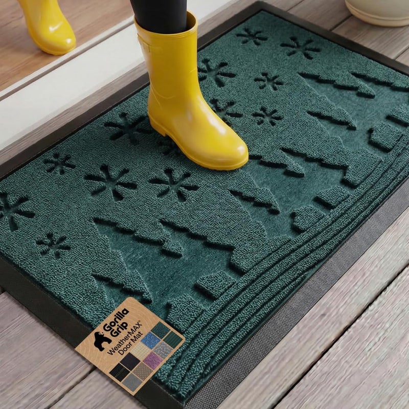 GORILLA GRIP 100% Waterproof All-Season WeatherMAX Doormat, US Designed Natural Rubber, Stain and Fade Resistant, Low Profile Indoor Outdoor Door Mats, Easy Clean Patio Mat, 29x17, Green Snowscape - Image 1