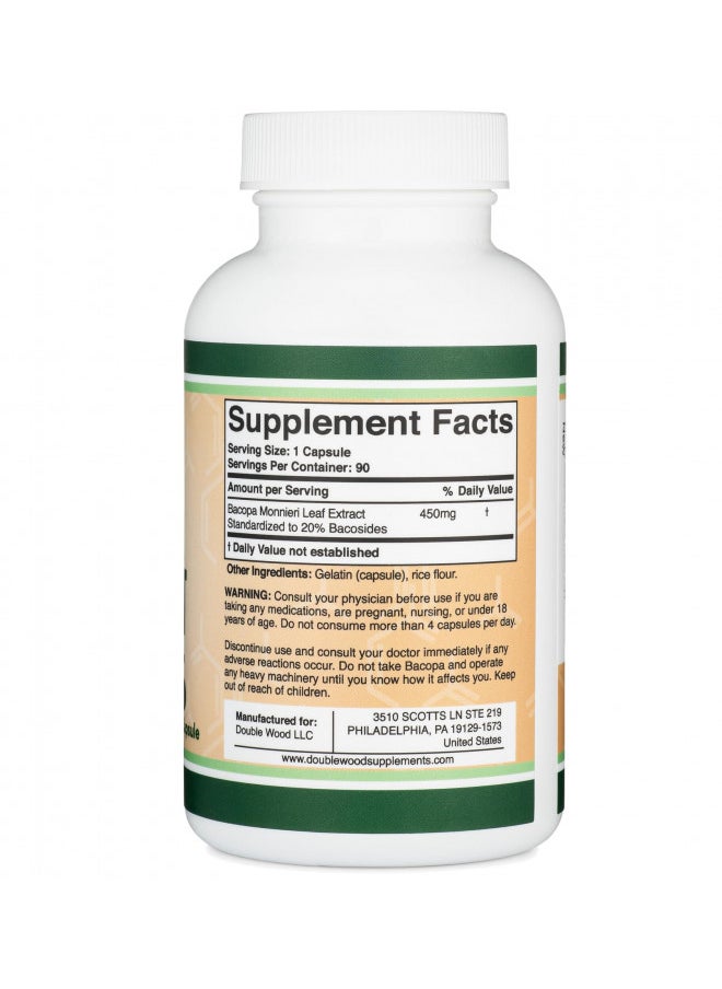 Double Wood Supplements - Bacopa Monnieri Capsules 20% Bacosides 450mg, 90 Count (Manufactured in USA, Non-GMO, Gluten Free) Brahmi Extract (Memory Supplement for Brain Health, Focus, and Cognitive Function) by Double Wood - Image 1
