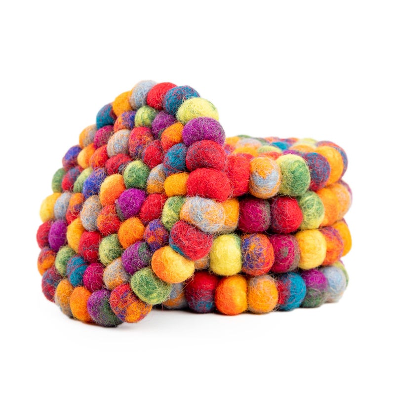 Woolygon Round Felt Ball Coasters - 100% Merino Wool Table Coasters - Felt Coaster Pads  Absorbent Trivet for Drinks - Heat Resistant  Thick & Durable Hand Felted in Nepal by Woolygon- Multicolor - Set of 5 - Image 1