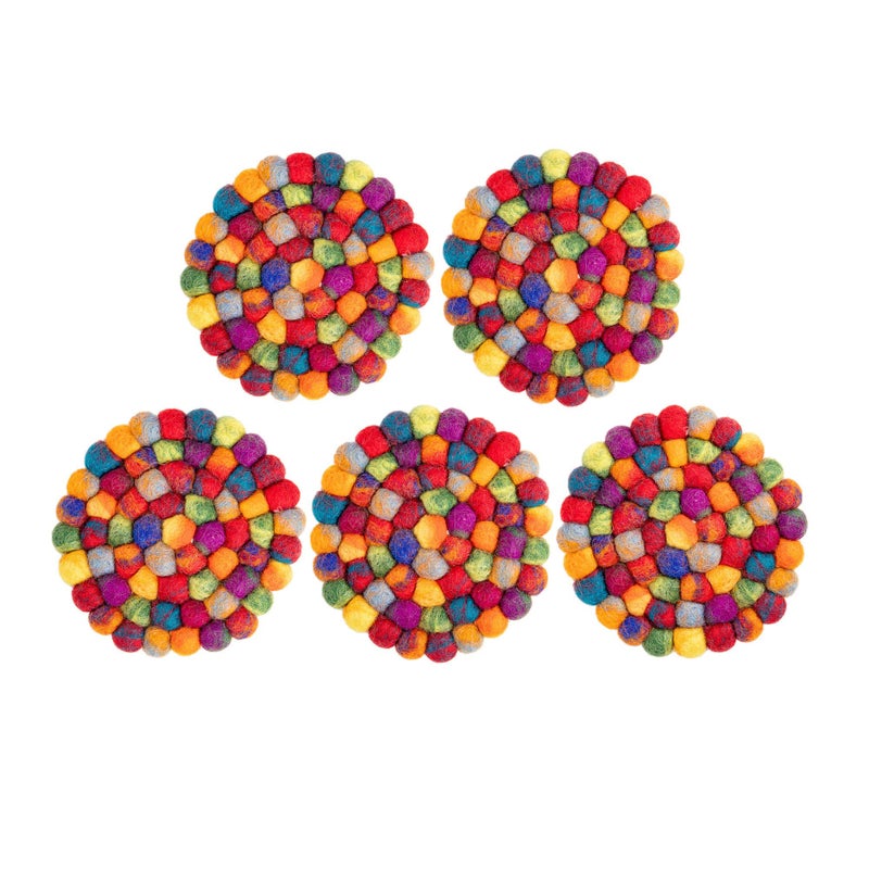 Woolygon Round Felt Ball Coasters - 100% Merino Wool Table Coasters - Felt Coaster Pads  Absorbent Trivet for Drinks - Heat Resistant  Thick & Durable Hand Felted in Nepal by Woolygon- Multicolor - Set of 5 - Image 5