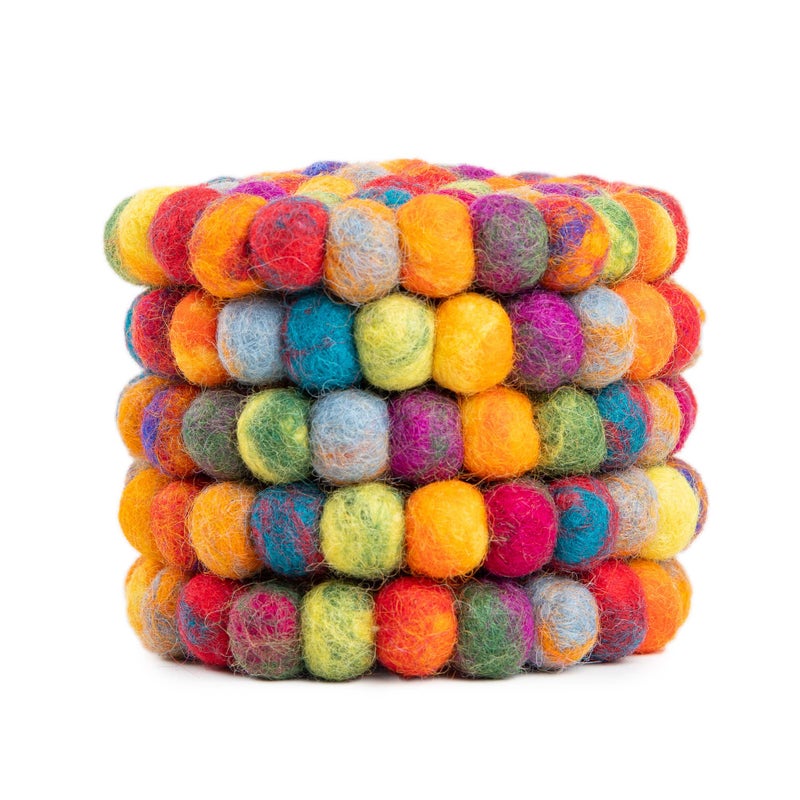Woolygon Round Felt Ball Coasters - 100% Merino Wool Table Coasters - Felt Coaster Pads  Absorbent Trivet for Drinks - Heat Resistant  Thick & Durable Hand Felted in Nepal by Woolygon- Multicolor - Set of 5 - Image 2