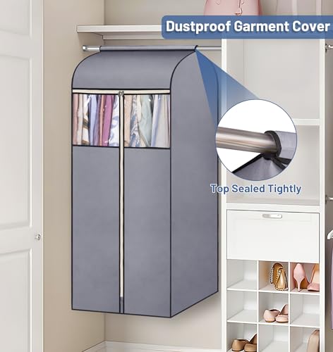 SLEEPING LAMB 54'' Hanging Garment Bags for Closet Storage Sealed Completely Jackets Coats Suits Clothes Rack Cover for Wardrobe with Clear PVC Window, 2 Packs, Grey(Hanging Rod Not Included) - Image 3