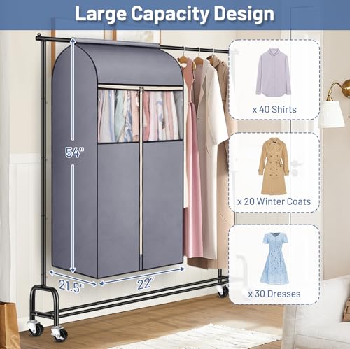 SLEEPING LAMB 54'' Hanging Garment Bags for Closet Storage Sealed Completely Jackets Coats Suits Clothes Rack Cover for Wardrobe with Clear PVC Window, 2 Packs, Grey(Hanging Rod Not Included) - Image 5