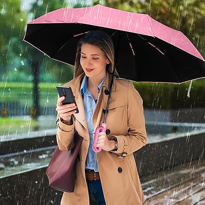 PRANIJ 3-Fold Compact Travel Golf Umbrella with Carabiner Handle | Auto Open-Close 10 Dual Rib Windproof Design | UV Protection Portable Umbrella for Rain/Sun for Car, Travel, Outdoor (Blossom Pink) - Image 5