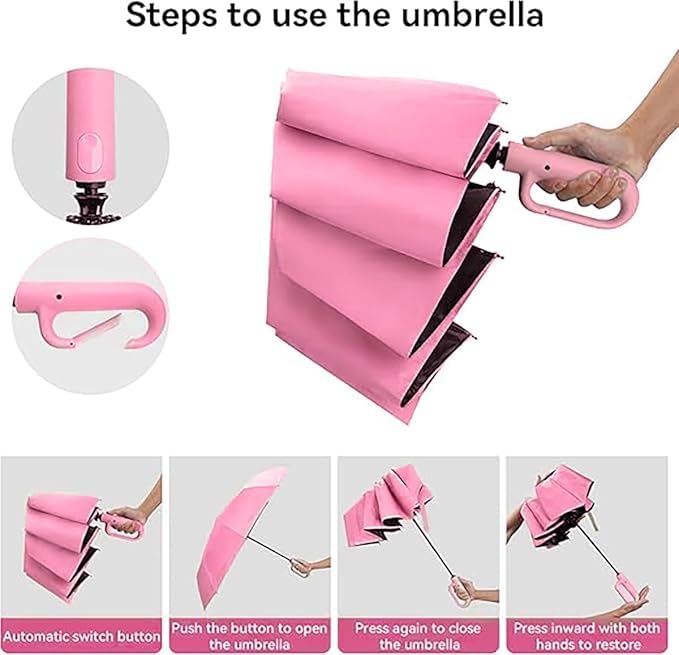 PRANIJ 3-Fold Compact Travel Golf Umbrella with Carabiner Handle | Auto Open-Close 10 Dual Rib Windproof Design | UV Protection Portable Umbrella for Rain/Sun for Car, Travel, Outdoor (Blossom Pink) - Image 4