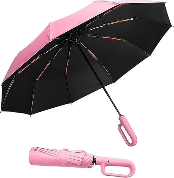 PRANIJ 3-Fold Compact Travel Golf Umbrella with Carabiner Handle | Auto Open-Close 10 Dual Rib Windproof Design | UV Protection Portable Umbrella for Rain/Sun for Car, Travel, Outdoor (Blossom Pink) - Image 1