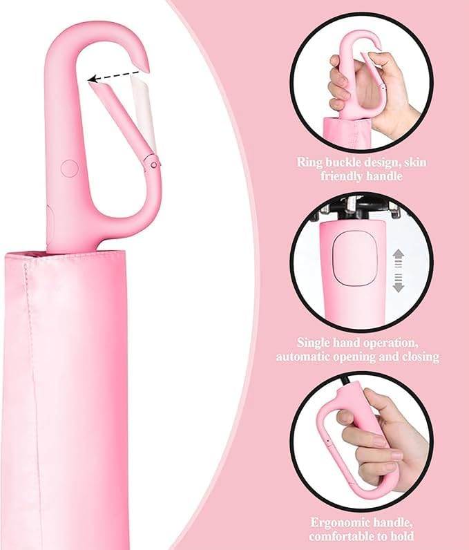 PRANIJ 3-Fold Compact Travel Golf Umbrella with Carabiner Handle | Auto Open-Close 10 Dual Rib Windproof Design | UV Protection Portable Umbrella for Rain/Sun for Car, Travel, Outdoor (Blossom Pink) - Image 3