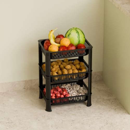 FOROLY 3-Layer Multipurpose Plastic Kitchen Storage Rack | Vegetable Basket Organizer | Stackable Storage Stand for Home, Pantry, Bathroom, Office – Durable Space-Saving Shelf (Black) - Image 1