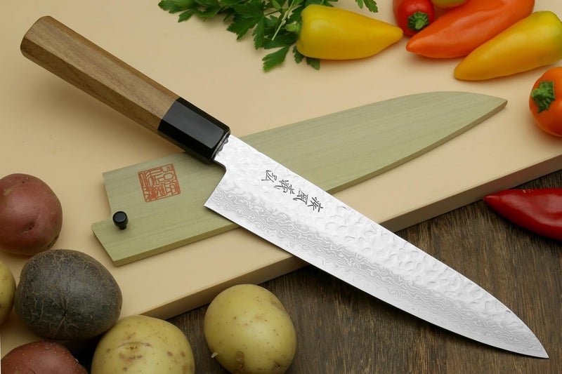 Yoshihiro VG10 46 Layers Hammered Damascus Gyuto Japanese Chefs Knife (Octagonal Ambrosia Handle) (7" (180mm) - Image 2