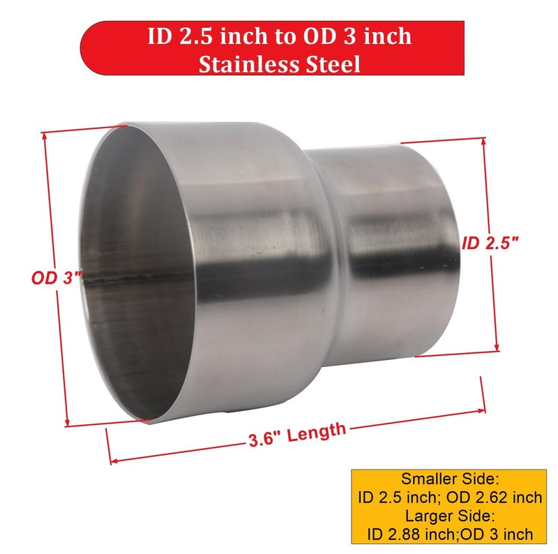 Elifecenter Universal Stainless ID 2.5 inch to OD 3 inch Exhaust Adapter Reducer (2-1/2" ID to 3" OD) - Image 2
