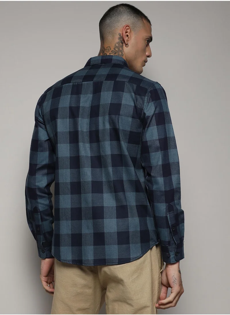 Campus Sutra Men's Prussian Blue Cotton Check Shirt