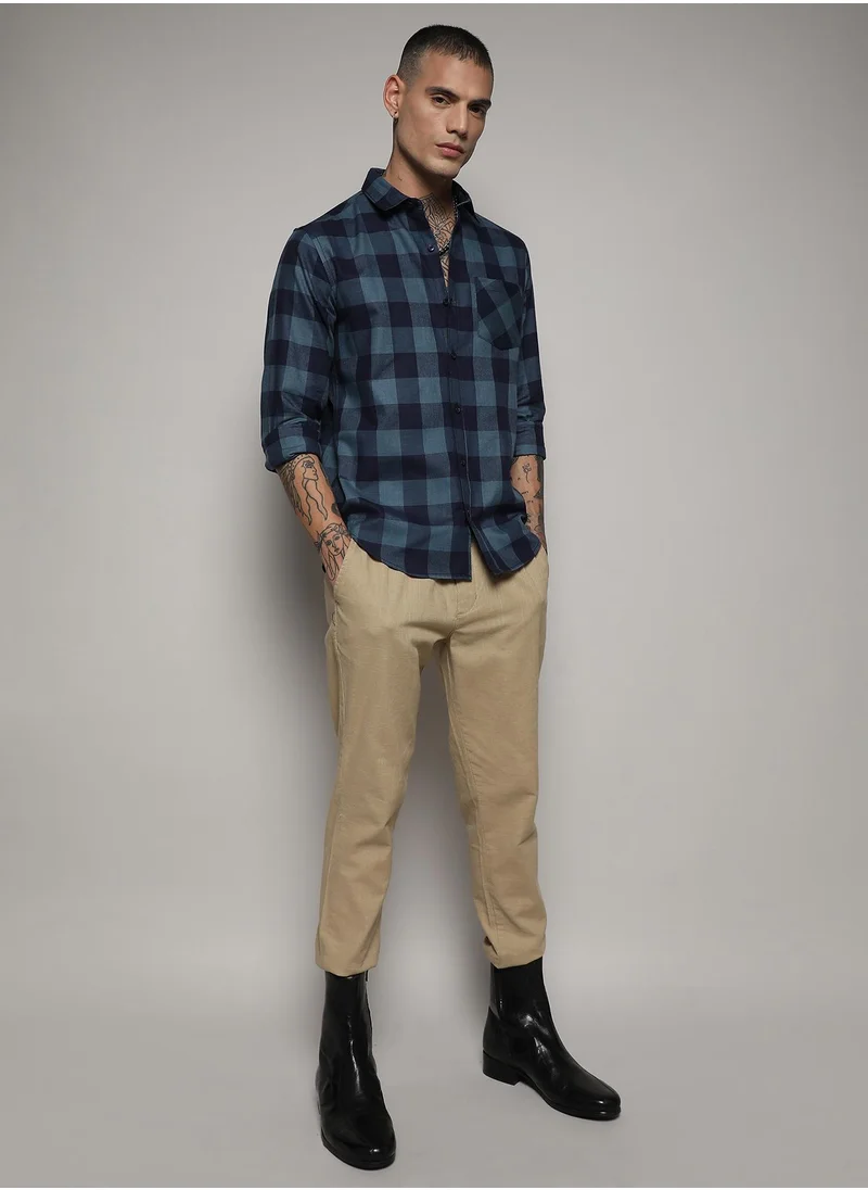Campus Sutra Men's Prussian Blue Cotton Check Shirt
