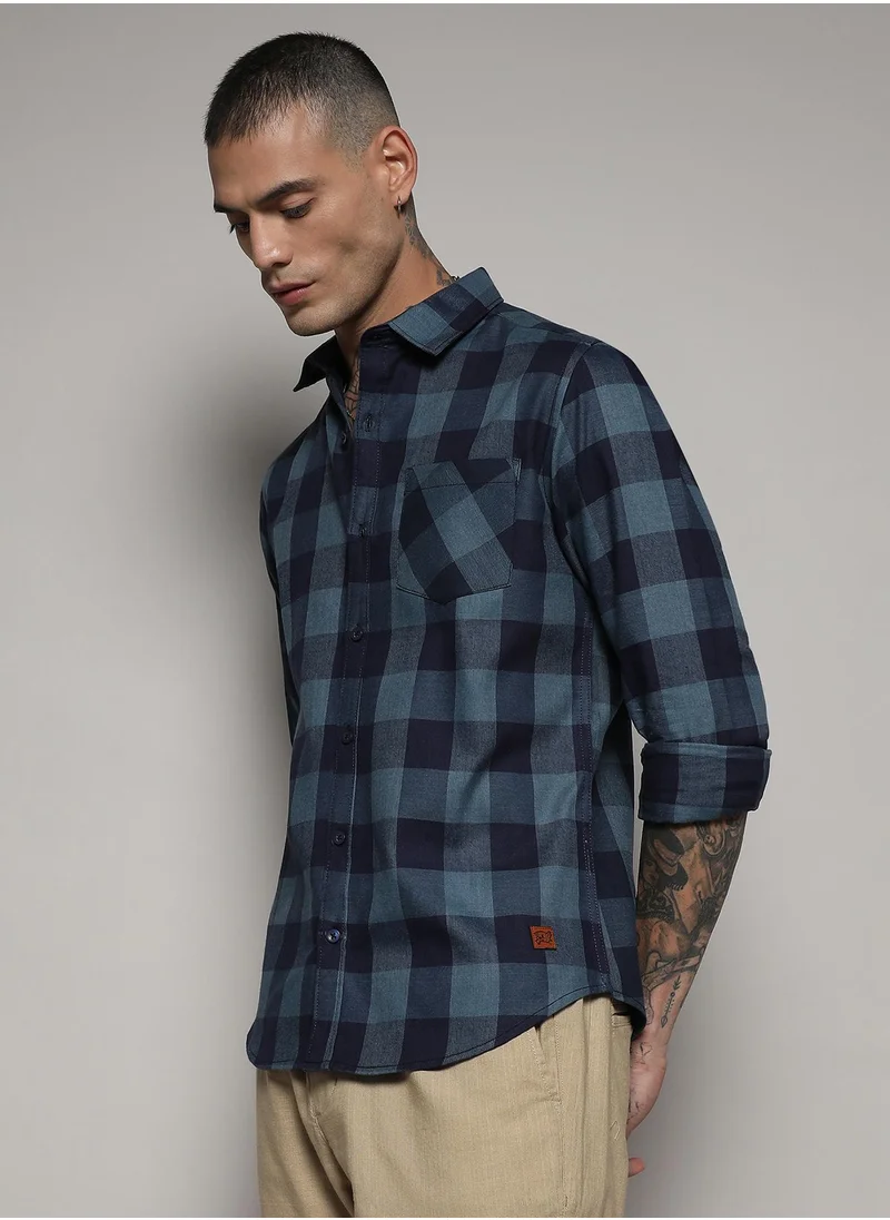 Campus Sutra Men's Prussian Blue Cotton Check Shirt