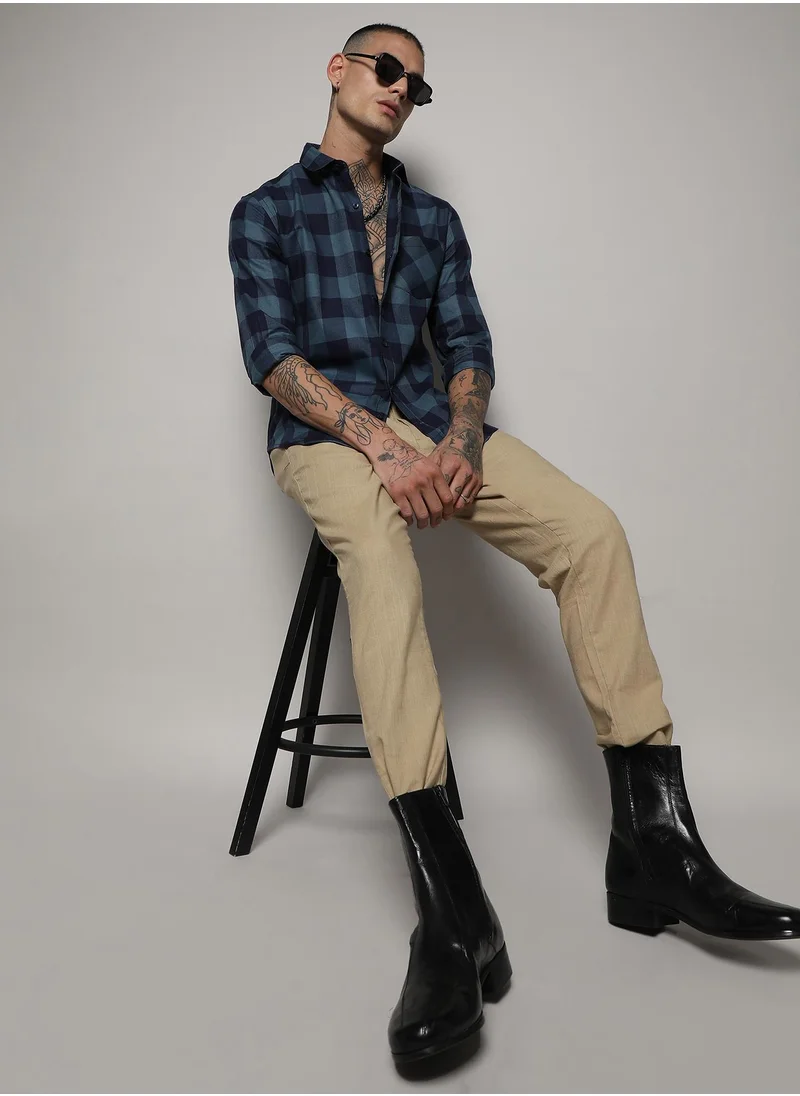 Campus Sutra Men's Prussian Blue Cotton Check Shirt