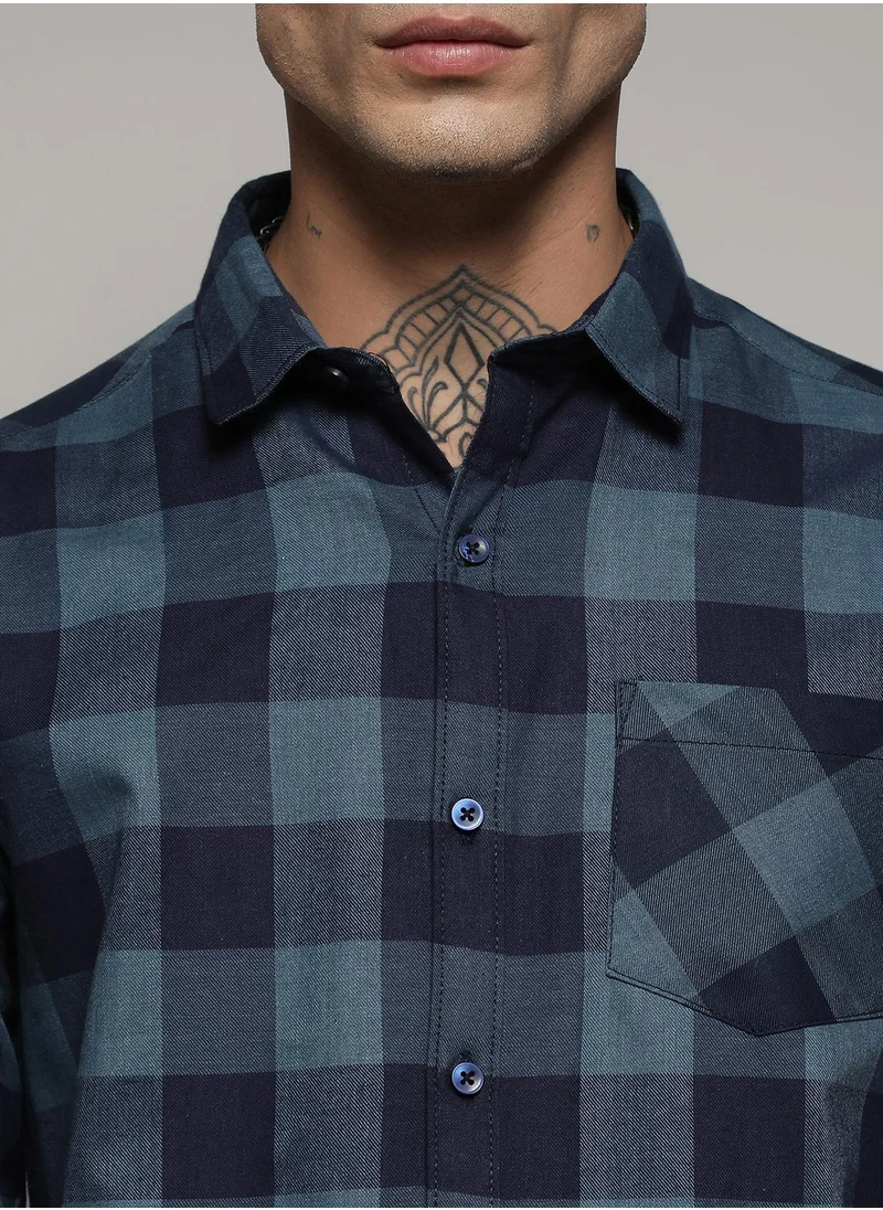Campus Sutra Men's Prussian Blue Cotton Check Shirt