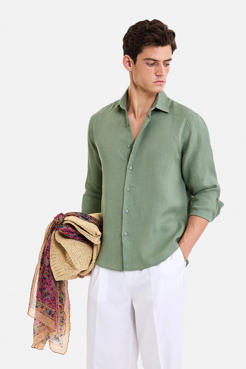 سنيتش Sage Green Solid Long Sleeve Regular Fit Shirt