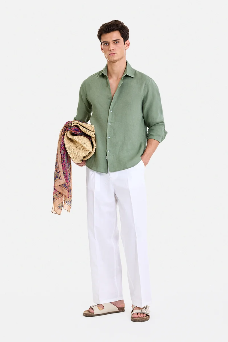 سنيتش Sage Green Solid Long Sleeve Regular Fit Shirt
