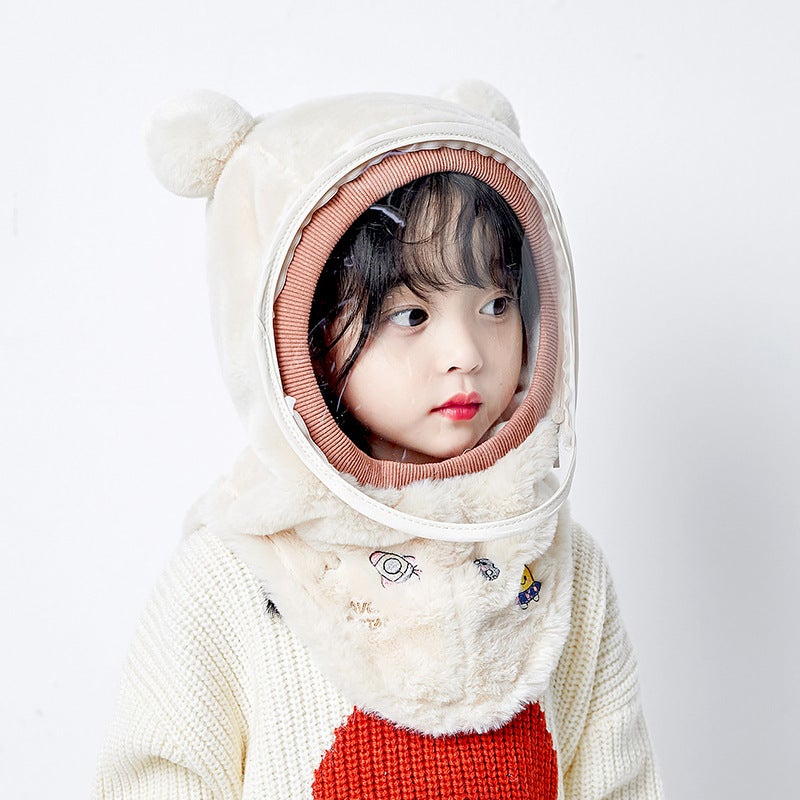 Kids Winter Warm Windproof Masked Beanie Set Beige-Planet (Mask Removable) 