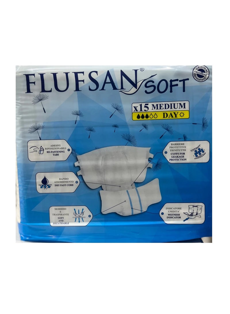 FLUFSAN Fluvsan Soft Adult Adhesive Diapers Medium Size 80-115 cm, 15 Diapers, Made in Italy - Image 2