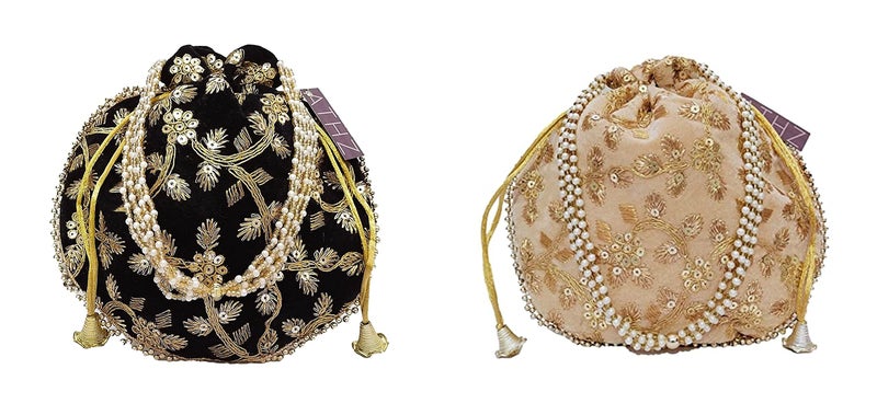 ATHZ wedding potli combo set of 2 made of velvet feel fabric for women (Black, Beige) - Image 1