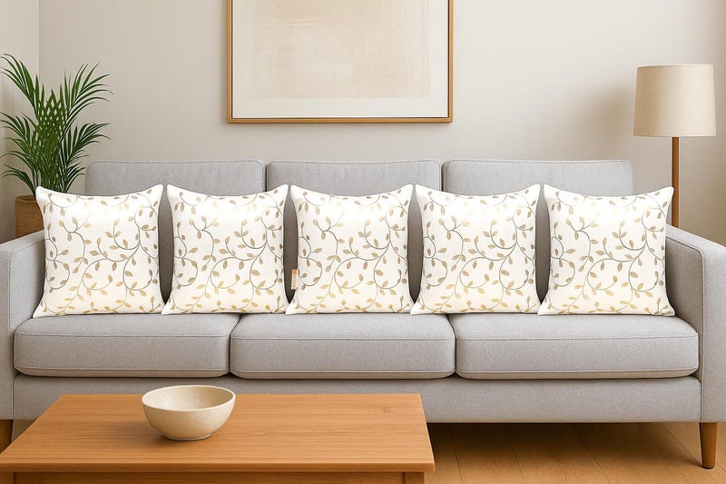 Urvaan Velvet Floral Cushion Covers, 12 X 12 Inch, Set of 5, White Golden - Image 4
