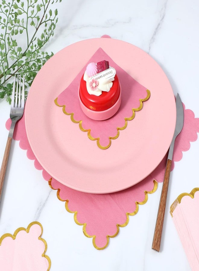 Prasacco 200 Pack Pink Cocktail Napkins with Gold Foil Accents, Scalloped Edges Scalloped Napkins 5 x 5 Inch Beverage Disposable Napkin Party Decoration Wedding Bridal and Baby Shower Supplies - Image 3