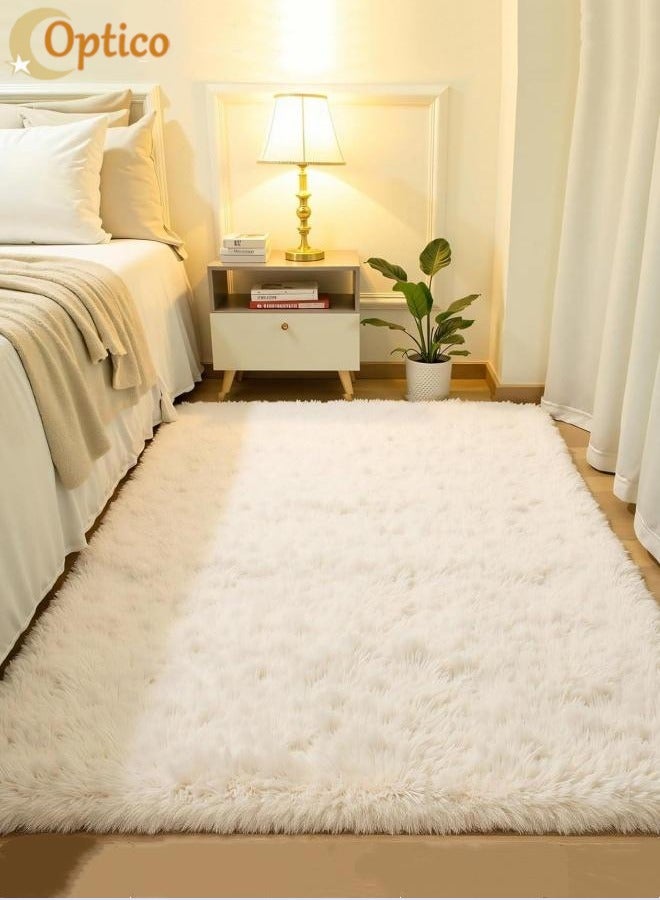 Optico Cream White Fluffy Shag Rug for Bedroom, Machine Washable Soft Shaggy Fuzzy Small Area Rugs for Living Room,Cute Furry Plush Kids Rugs Nursery Dorm Boys Girls Bed Room Carpets - Image 1