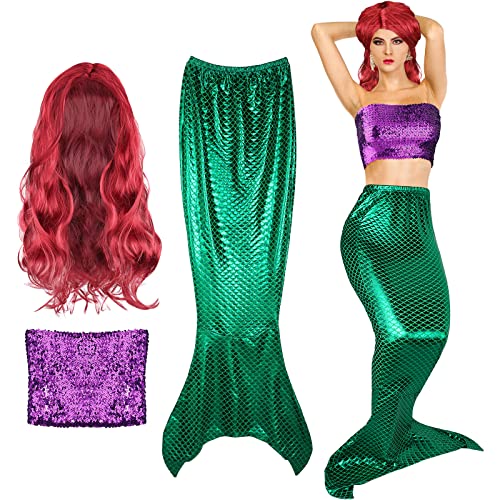 Cindeer Halloween Mermaid Costume for Women Sequin Mermaid Crop Tops Strapless Metallic Tube Tops Tail Skirt Curly WigLargeGreen - Image 1