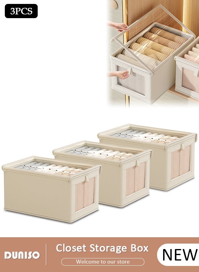 DUNISO 3 Pieces Foldable Closet Storage Organizer with Clear Lid and Window, Washable Closet Storage Boxes with Carrying Handles , Stackable Wardrobe Clothes Organizer,Cube Storage Bin for Clothes Wardrobe Home Bedroom Office - Image 1