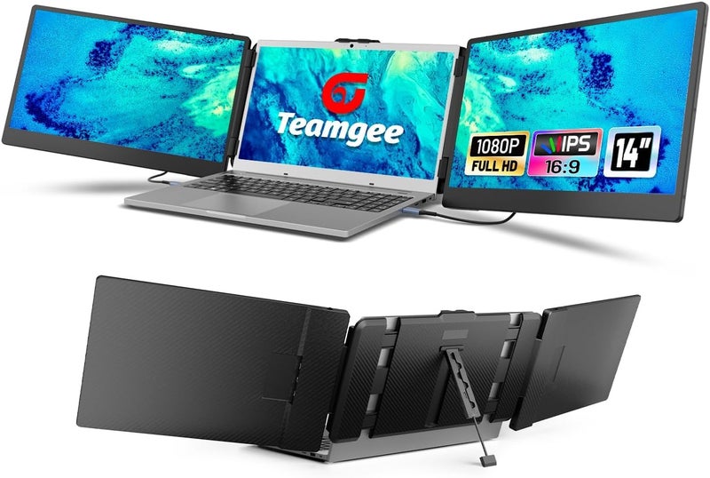 Teamgee 14" Laptop Screen Extender, FHD 1080P IPS Triple Portable Monitor for 13''-17" (Diagonal) Laptop, HDMI/USB-A/Type-C Plug & Play, Built-in Speakers & Adjustable Stand, for Mac/Wins/Android/Dex - Image 1