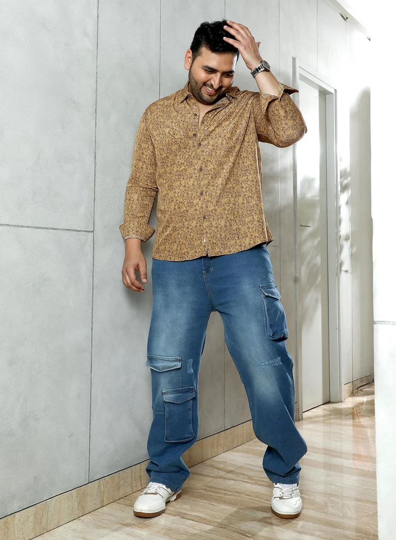 Instafab Plus Instafab Plus Men's Ochre Brown Indie Floral-Motif Imprint Shirt | Spread Collar , Long Cuffed Sleeves , Button Closure , Curved Hemline | Floral-Print Plain Polyester For Casual & Evening Wear