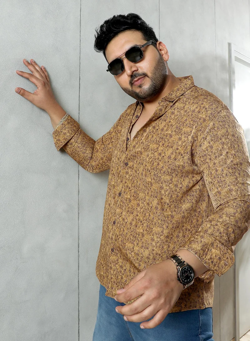 Instafab Plus Instafab Plus Men's Ochre Brown Indie Floral-Motif Imprint Shirt | Spread Collar , Long Cuffed Sleeves , Button Closure , Curved Hemline | Floral-Print Plain Polyester For Casual & Evening Wear