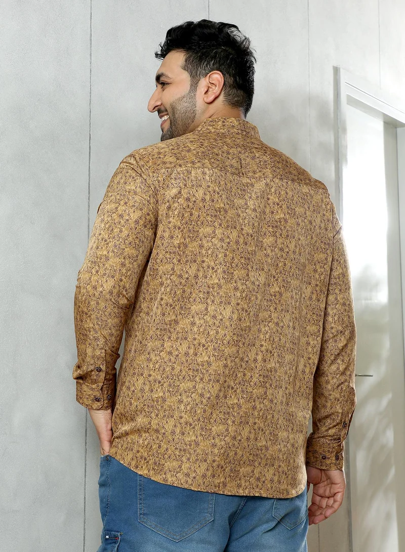 Instafab Plus Instafab Plus Men's Ochre Brown Indie Floral-Motif Imprint Shirt | Spread Collar , Long Cuffed Sleeves , Button Closure , Curved Hemline | Floral-Print Plain Polyester For Casual & Evening Wear