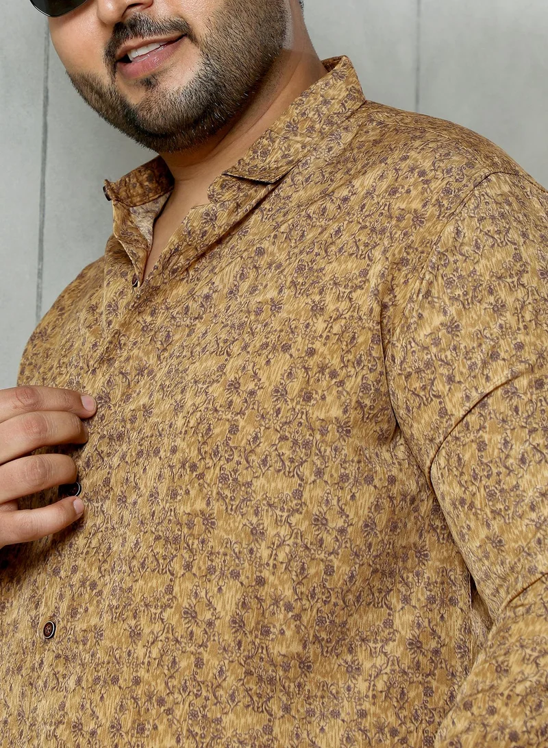 Instafab Plus Instafab Plus Men's Ochre Brown Indie Floral-Motif Imprint Shirt | Spread Collar , Long Cuffed Sleeves , Button Closure , Curved Hemline | Floral-Print Plain Polyester For Casual & Evening Wear