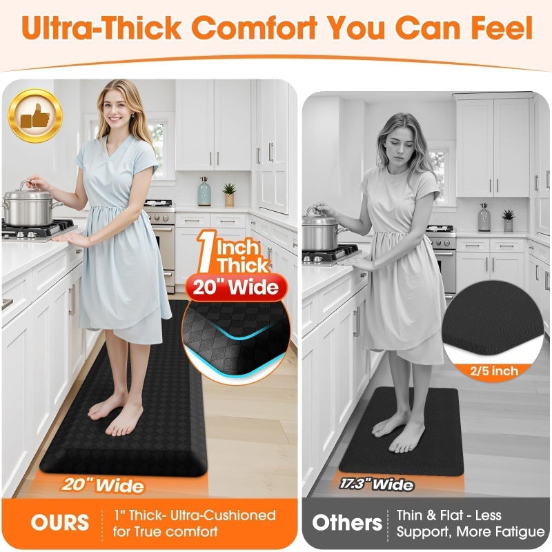 StepRite 1â€ Thick Kitchen Mats for Floor, Anti Fatigue Kitchen Rugs, Non-Slip,Heavy Duty Water Resistant Kitchen Rug, Standing Desk Mat for Friends, Family, Home, Kitchen, Office (72" x 20", Black) - Image 3