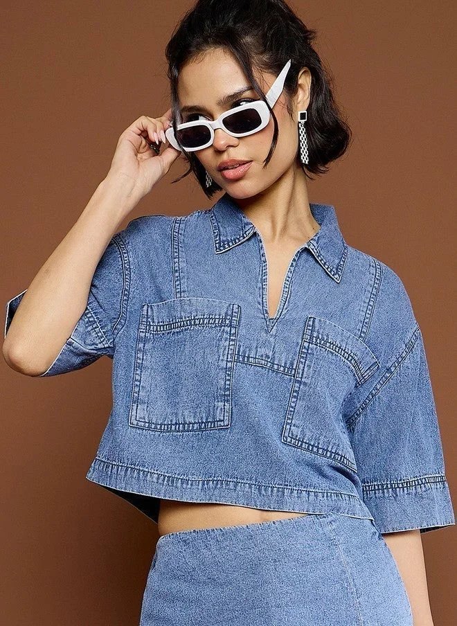 SASSAFRAS Cotton Denim Boxy Crop Top for Women
