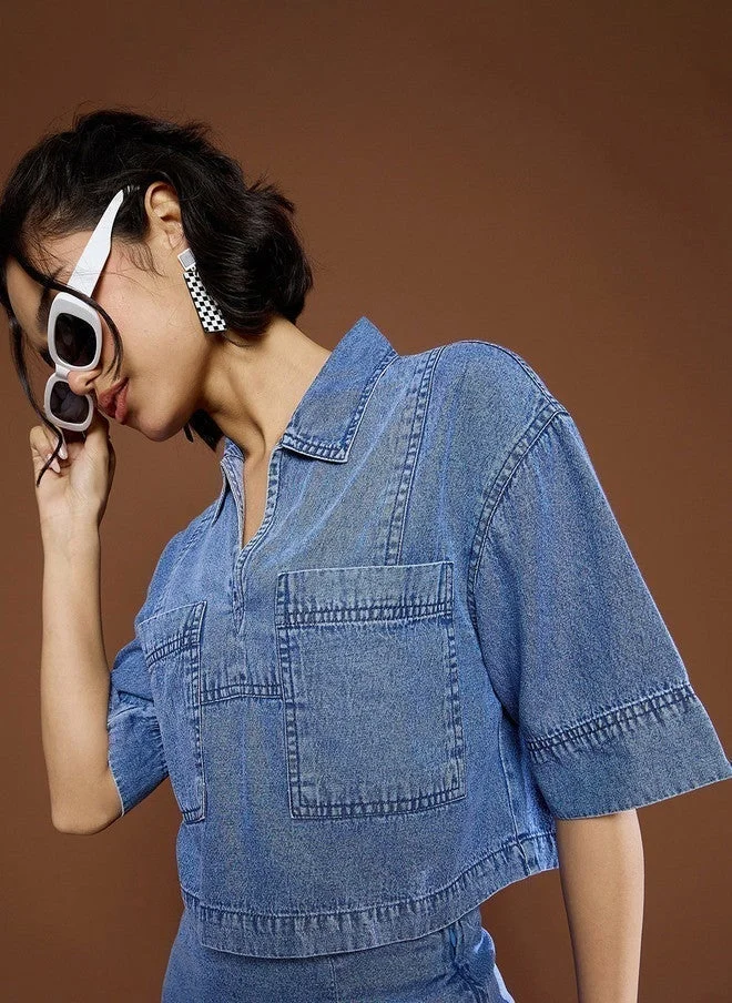 SASSAFRAS Cotton Denim Boxy Crop Top for Women