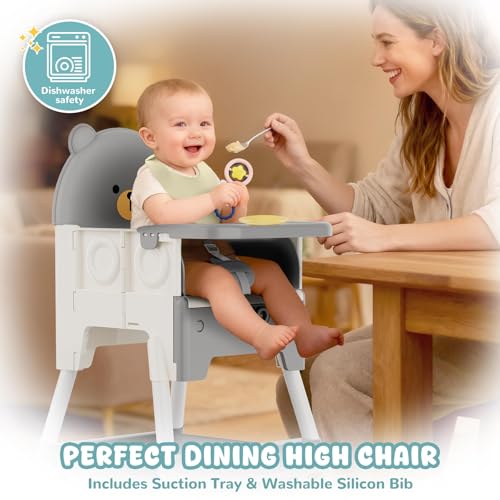 Zenvory Baby High Chair 3 in 1 High Chairs for Babies and Toddlers Bear Toddler Chair Adjustable Height Highchair with Bib and Storage Bag for Baby Convenient Comfortable Feeding（Grey） - Image 2