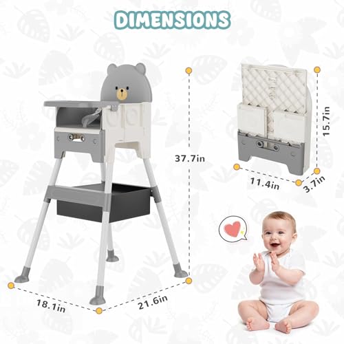 Zenvory Baby High Chair 3 in 1 High Chairs for Babies and Toddlers Bear Toddler Chair Adjustable Height Highchair with Bib and Storage Bag for Baby Convenient Comfortable Feeding（Grey） - Image 4