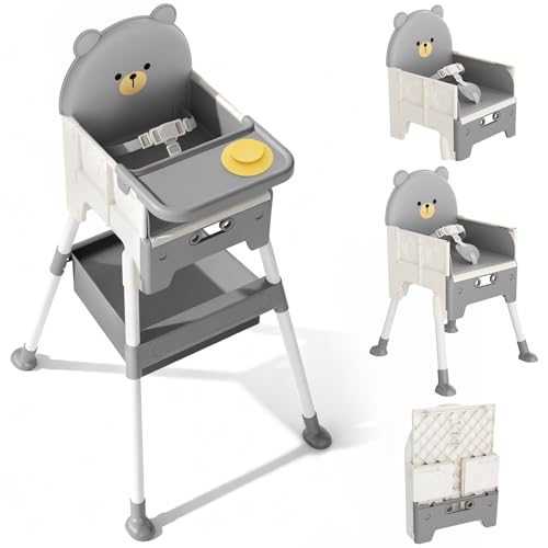 Zenvory Baby High Chair 3 in 1 High Chairs for Babies and Toddlers Bear Toddler Chair Adjustable Height Highchair with Bib and Storage Bag for Baby Convenient Comfortable Feeding（Grey） - Image 1