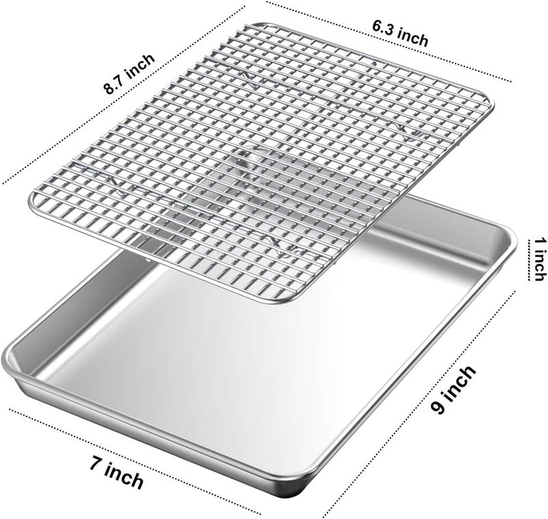 Wildone Baking Sheet with Rack Set [2 Pans + 2 Racks], Wildone Stainless Steel Cookie Sheet Baking Pan Tray with Cooling Rack, Size 9 x 7 x 1 Inch, Non Toxic & Heavy Duty & Easy Clean - Image 2