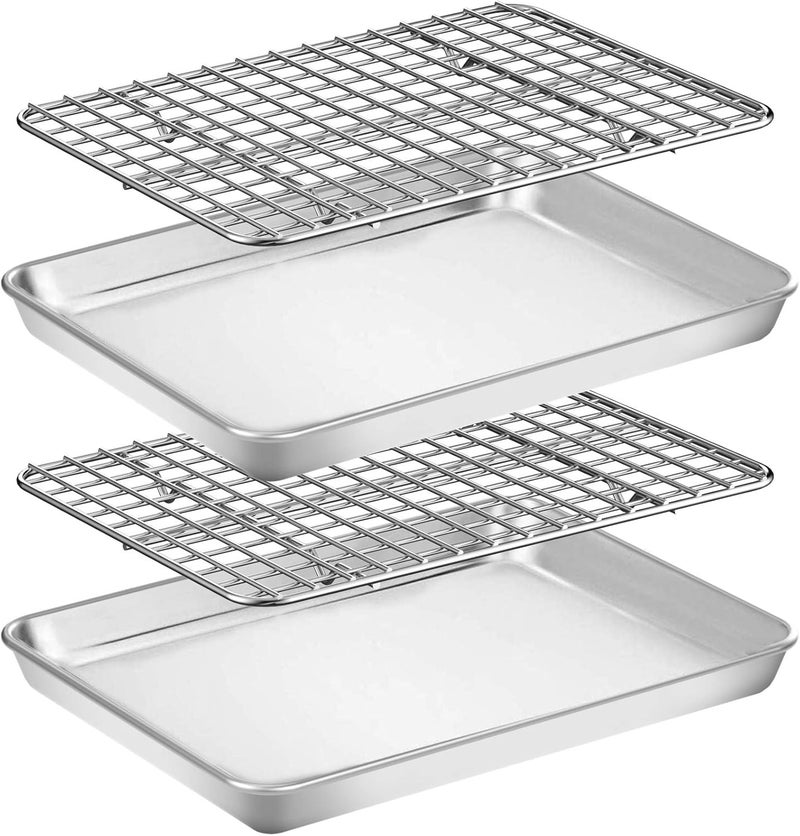 Wildone Baking Sheet with Rack Set [2 Pans + 2 Racks], Wildone Stainless Steel Cookie Sheet Baking Pan Tray with Cooling Rack, Size 9 x 7 x 1 Inch, Non Toxic & Heavy Duty & Easy Clean - Image 1