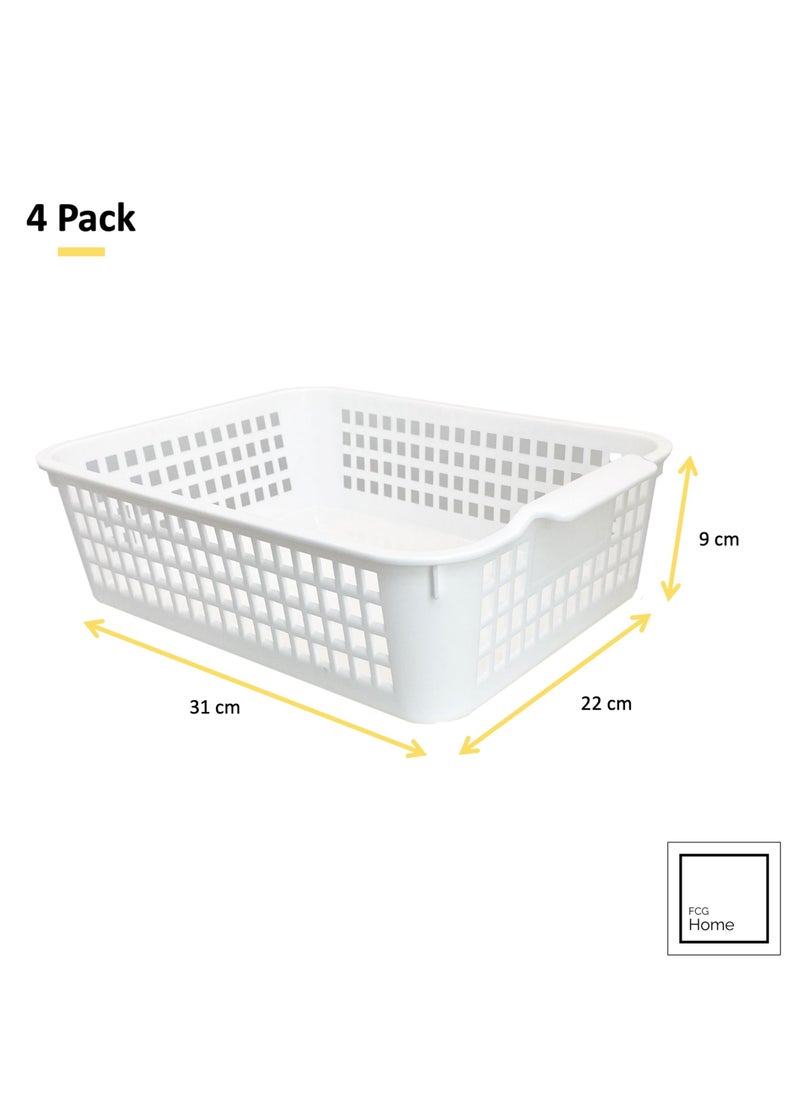 FCG Home - 4 Pack - White Basket Tray Kitchen Pantry Cupboard Storage Organizer Box Bin (Large)