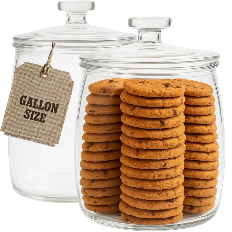 kitchentoolz 1 Gallon Glass Cookie Jar with Lid Set of 2 Large Glass Jars with Lids for Cookies Candy Flour Sugar Pet Treats Clear Glass Canisters for Food Storage Pack of 2